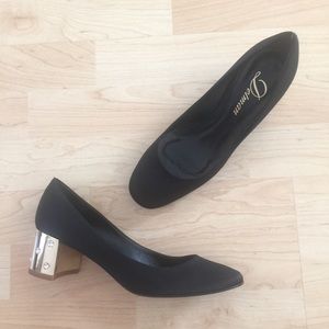 Delmas Black Satin Pumps with Metallic Block Heels